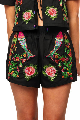 QOS Black Flower, Bird & Fish Cotton Short - Boutique Bella BellaQueen of Sparkles