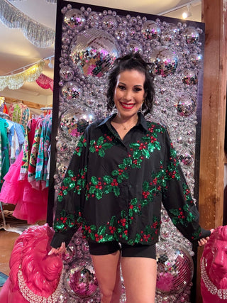 QOS Black, Green & Red Holly Cotton Button Up Top - Boutique Bella BellaQueen of Sparkles