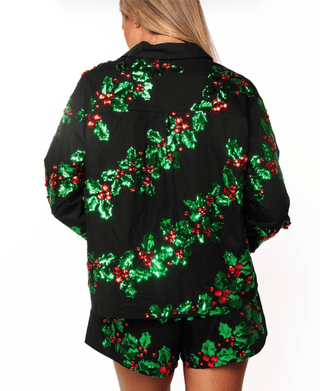 QOS Black, Green & Red Holly Cotton Button Up Top - Boutique Bella BellaQueen of Sparkles