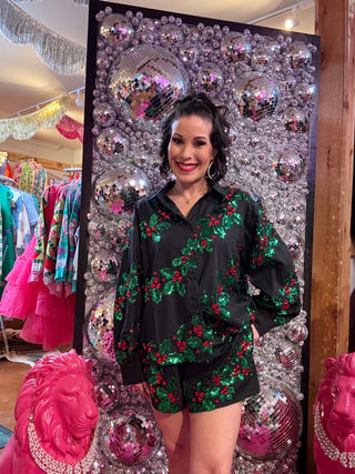 QOS Black, Green & Red Holly Cotton Shorts - Boutique Bella BellaQueen of Sparkles