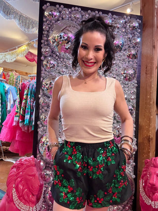 QOS Black, Green & Red Holly Cotton Shorts - Boutique Bella BellaQueen of Sparkles