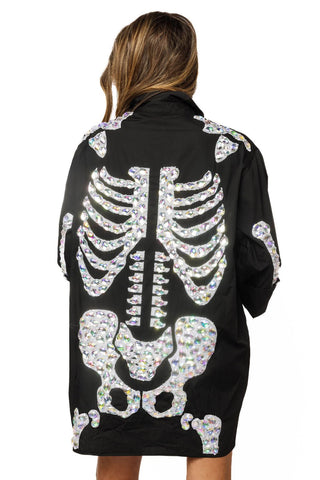 QOS Black Iridescent Jeweled Skeleton Button Up Tunic - Boutique Bella BellaQueen of Sparkles