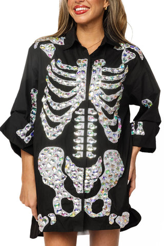QOS Black Iridescent Jeweled Skeleton Button Up Tunic - Boutique Bella BellaQueen of Sparkles