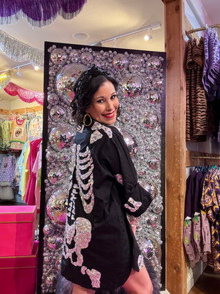 QOS Black Iridescent Jeweled Skeleton Button Up Tunic - Boutique Bella BellaQueen of Sparkles