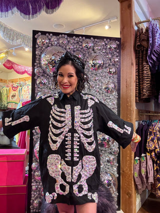 QOS Black Iridescent Jeweled Skeleton Button Up Tunic - Boutique Bella BellaQueen of Sparkles