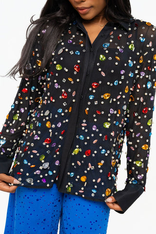 QOS Black Jewel & Pearl Button Up Top - Boutique Bella BellaTops