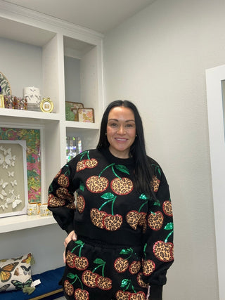 QOS Black Leopard Cherry Sweatshirt - Boutique Bella BellaQueen of Sparkles