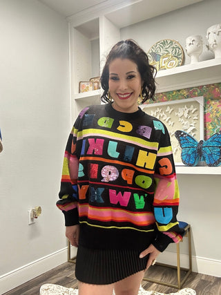 QOS Black Multi ABC's Sweater - Boutique Bella BellaQueen of Sparkles
