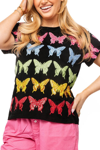 QOS Black Multi Butterfly Tee - Boutique Bella BellaQueen of Sparkles