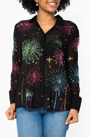 QOS Black Multi Firework Button Up Top - Boutique Bella BellaTops