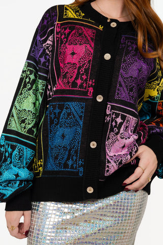 QOS Black Multi QOS Queen Card Button Up Cardigan - Boutique Bella BellaTops