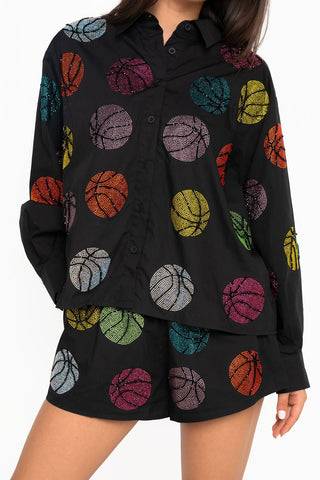 QOS Black Multi Rhinestone Basketball Button Up Top - Boutique Bella BellaQueen of Sparkles