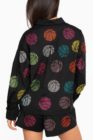 QOS Black Multi Rhinestone Basketball Button Up Top - Boutique Bella BellaQueen of Sparkles