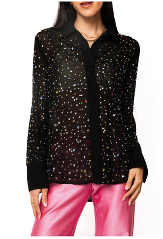 QOS Black Multi Rhinestone Button Up Top - Boutique Bella BellaQueen of Sparkles