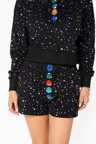 QOS Black Multi Rhinestone Jewel Henley Shorts - Boutique Bella BellaBottoms