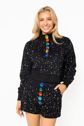 QOS Black Multi Rhinestone Jewel Henley Sweatshirt - Boutique Bella BellaTops
