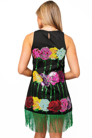 QOS Black Multi Rose Fringe Tank Dress - Boutique Bella BellaQueen of Sparkles