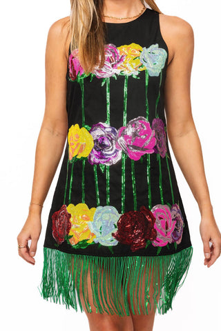 QOS Black Multi Rose Fringe Tank Dress - Boutique Bella BellaQueen of Sparkles