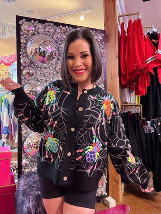QOS Black Multi Spider Cardigan - Boutique Bella BellaQueen of Sparkles