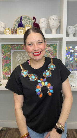 QOS Black Multi Turquoise Necklace Tee - Boutique Bella BellaTee