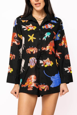 QOS Black Multi Under the Sea Cotton Button Up Romper - Boutique Bella BellaQueen of Sparkles