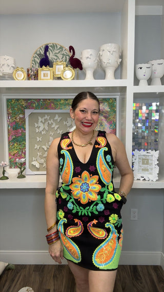QOS Black & Neon Paisley Print V Neck Tank Dress - Boutique Bella Bella