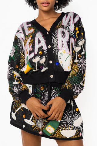 QOS Black 'New Years' Icon Button Up Cardigan - Boutique Bella BellaTops