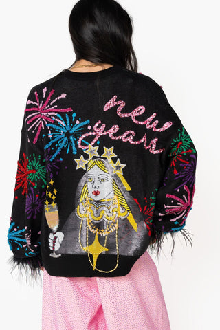 QOS Black New Years Queen Firework Feather Sleeve Sweater - Boutique Bella BellaTops