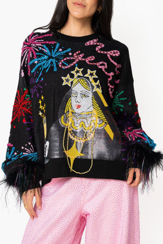 QOS Black New Years Queen Firework Feather Sleeve Sweater - Boutique Bella BellaTops