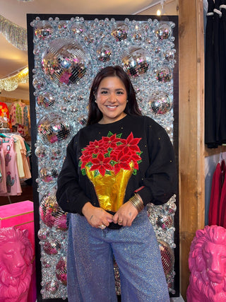 QOS Black Poinsettia in Gold Flower Pot Rhinestone Sweatshirt - Boutique Bella BellaQueen of Sparkles