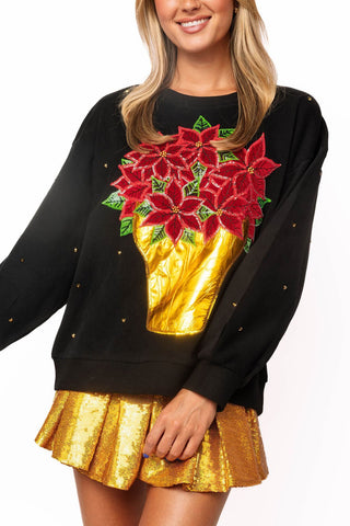 QOS Black Poinsettia in Gold Flower Pot Rhinestone Sweatshirt - Boutique Bella BellaQueen of Sparkles