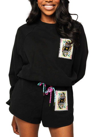 QOS Black QOS Queen Card Rhinestone Tie Sweatshirt - Boutique Bella BellaQueen of Sparkles
