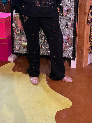QOS Black Rainbow Jeweled Sweat Pant - Boutique Bella BellaQueen of Sparkles