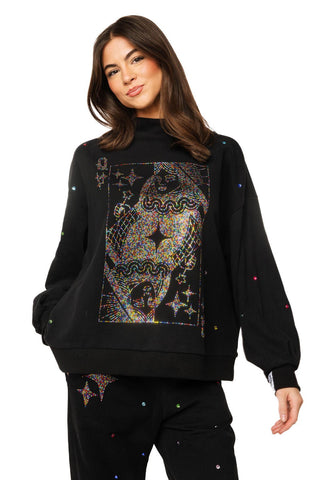 QOS Black Rainbow Rhinestone QOS Card Logo Mock Neck Sweatshirt - Boutique Bella BellaQueen of Sparkles