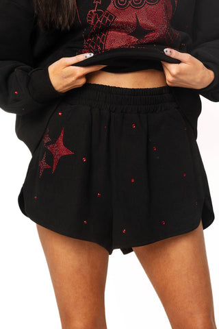 QOS Black & Red Scattered Jewel QOS Sparkle Logo Short - Boutique Bella BellaShorts