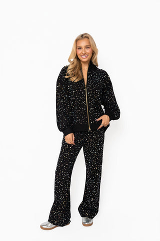 QOS Black Scattered Rhinestone Zip Up Mock Neck Sweatshirt - Boutique Bella BellaTops
