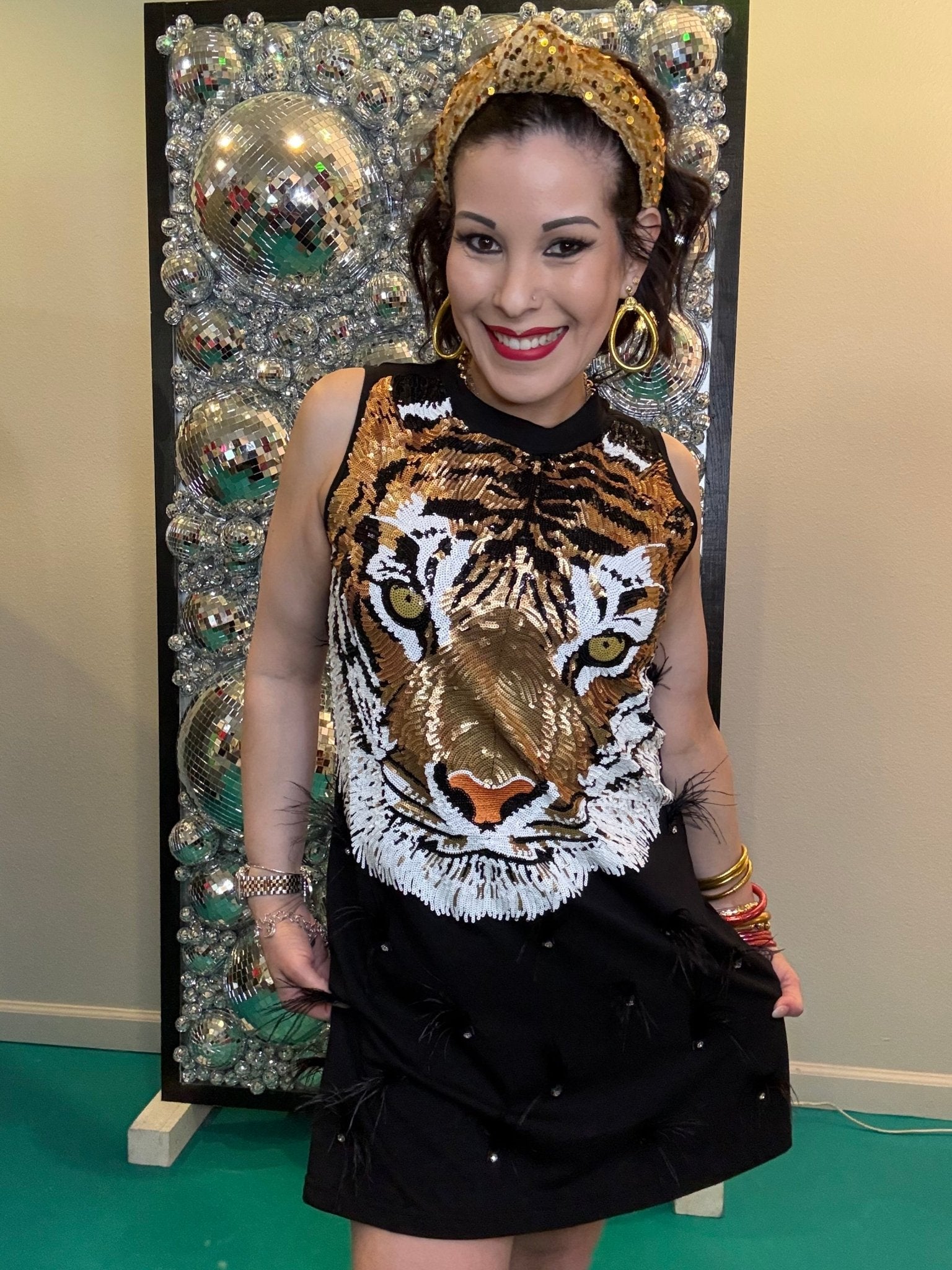 QOS Black Sequin Tiger Face Rhinestone Feather Tank Dress S