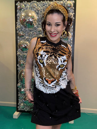 QOS Black Sequin Tiger Face Rhinestone Feather Tank Dress - Boutique Bella BellaQueen of Sparkles