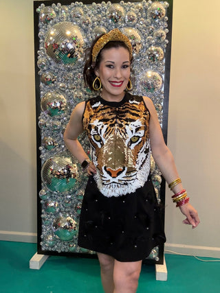 QOS Black Sequin Tiger Face Rhinestone Feather Tank Dress - Boutique Bella BellaQueen of Sparkles