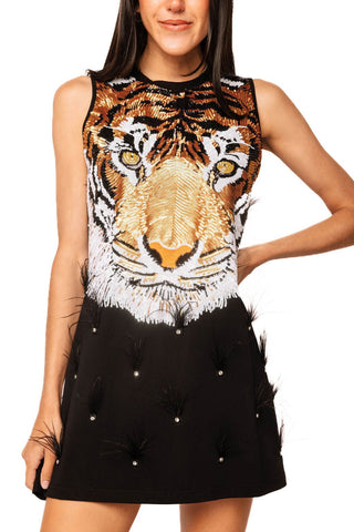 QOS Black Sequin Tiger Face Rhinestone Feather Tank Dress - Boutique Bella BellaQueen of Sparkles