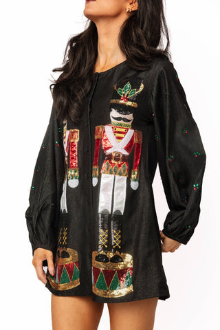 QOS Black Shimmery Denim Nutcracker Dress - Boutique Bella BellaQueen of Sparkles