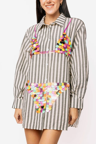 QOS Black Striped Multi Paillette Bikini Tunic - Boutique Bella BellaQueen of Sparkles