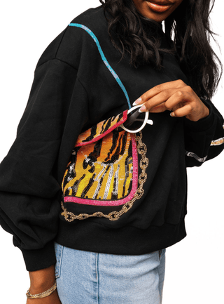 QOS Black Tiger Functioning Purse On Shoulder & Watch Sweatshirt - Boutique Bella Bella