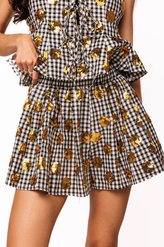 QOS Black & White Gingham Pleat Short with Gold Polka Dot - Boutique Bella BellaShorts