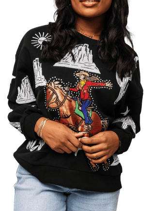 QOS Black & White Multi Bucking Cowgirl Sweatshirt - Boutique Bella Bella