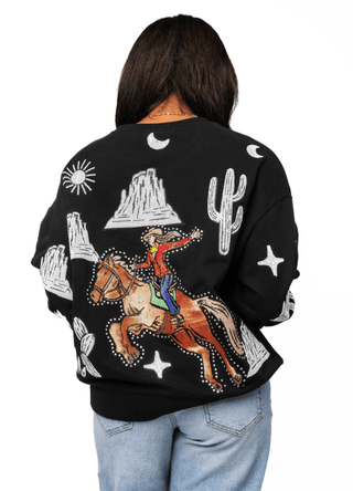 QOS Black & White Multi Bucking Cowgirl Sweatshirt - Boutique Bella Bella