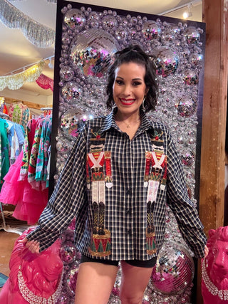 QOS Black & White Paid Nutcracker Button Up Top - Boutique Bella BellaQueen of Sparkles