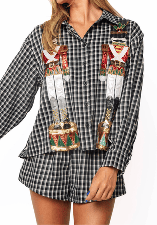 QOS Black & White Paid Nutcracker Button Up Top - Boutique Bella BellaQueen of Sparkles
