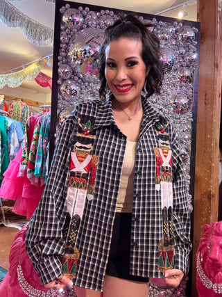 QOS Black & White Paid Nutcracker Button Up Top - Boutique Bella BellaQueen of Sparkles