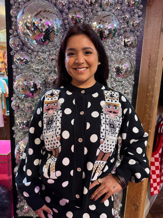 QOS Black & White Polka Dot Nutcracker in QOS Button Up Cardigan - Boutique Bella BellaQueen of Sparkles
